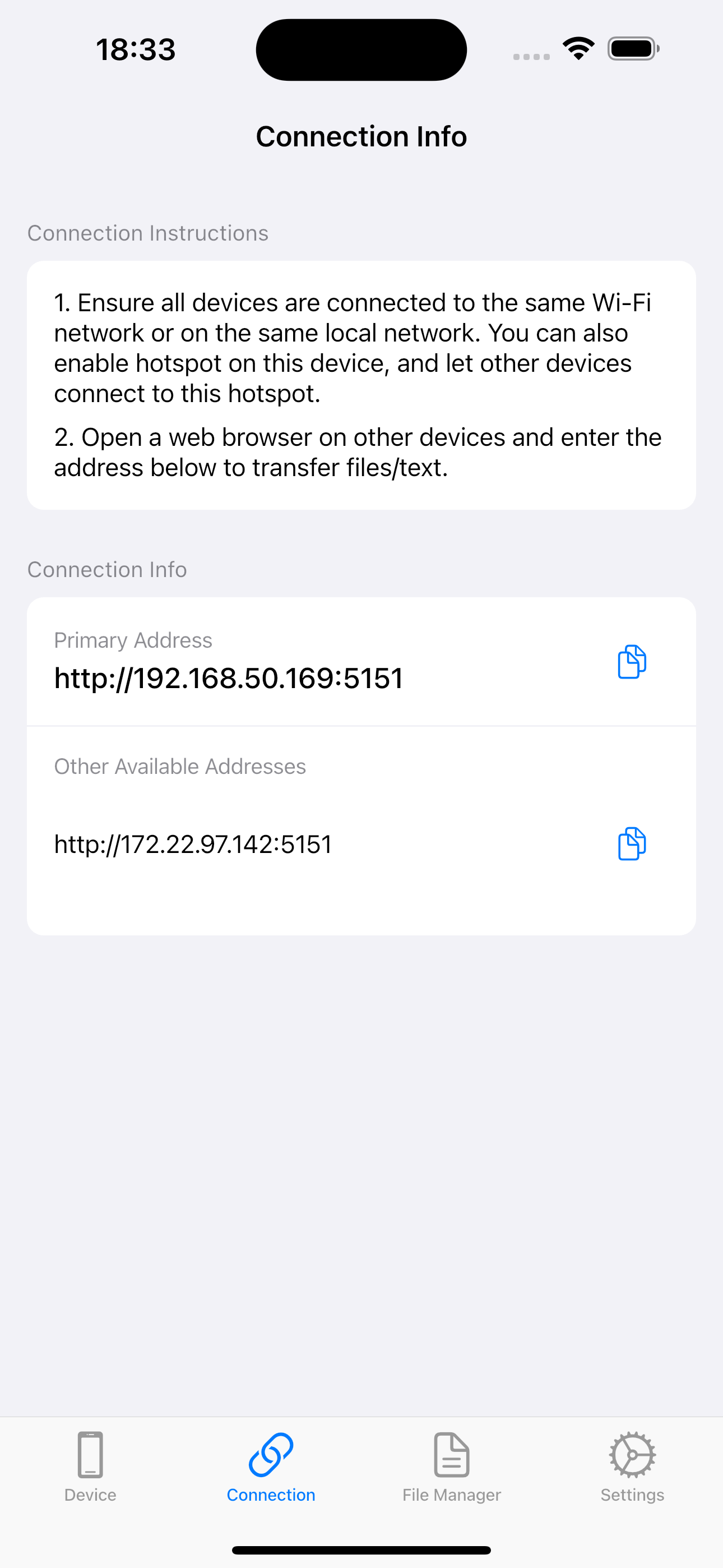 Connection Info Screen